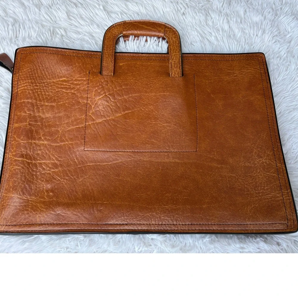 Vintage Tan Textured Faux Leather Slim Briefcase Document Bag Made in Korea